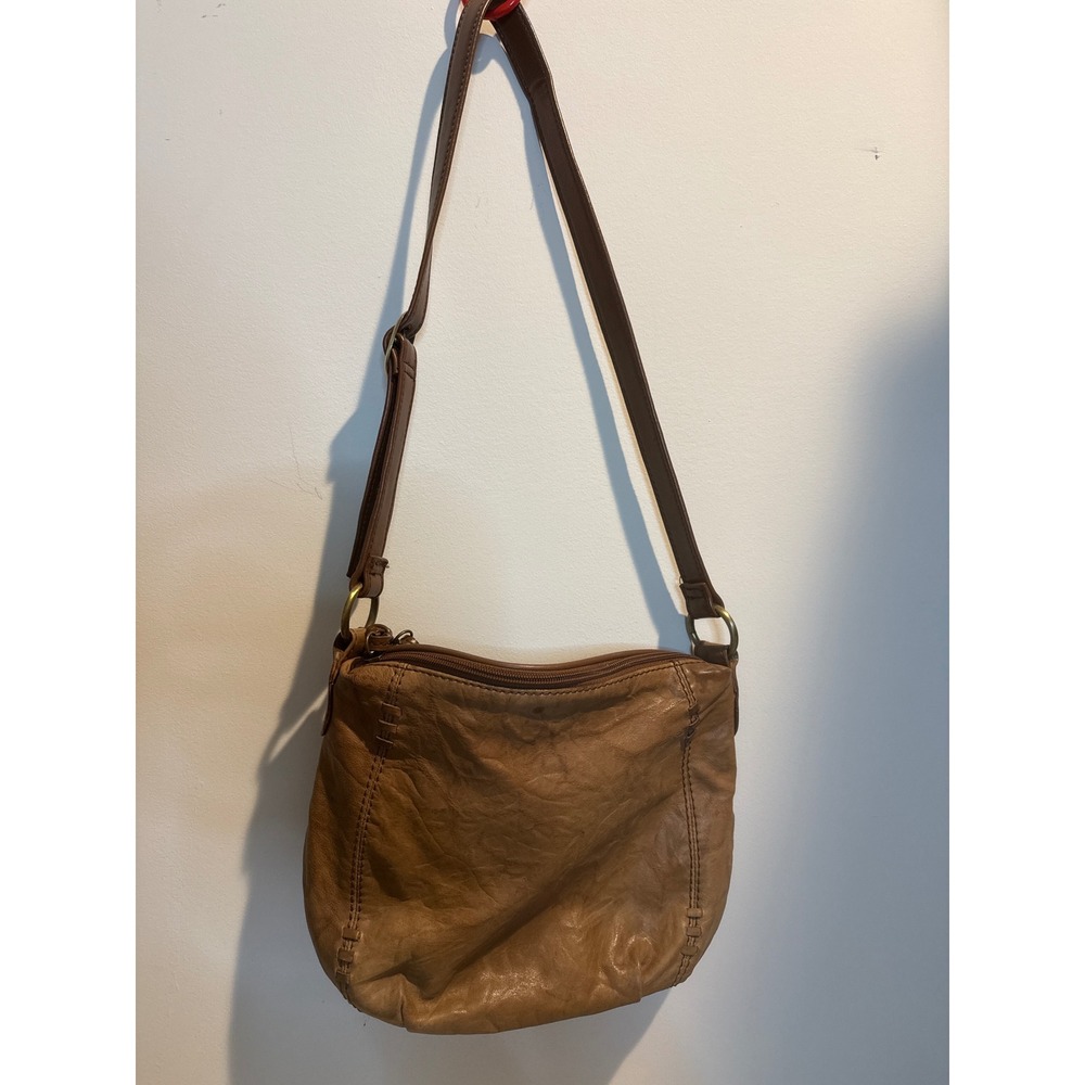 Stone & Co Womens Tan Brown Distressed Leather MultiZip Crossbody Bag Whipstitch